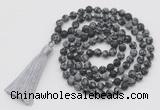 GMN1014 Hand-knotted 8mm, 10mm matte snowflake obsidian 108 beads mala necklaces with tassel