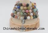 GMN1150 Hand-knotted 8mm, 10mm mixed gemstone 108 beads mala necklaces with charm