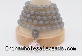 GMN1187 Hand-knotted 8mm, 10mm grey agate 108 beads mala necklaces with charm