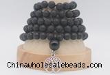 GMN1275 Hand-knotted 8mm, 10mm black lava 108 beads mala necklaces with charm