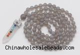 GMN1416 Hand-knotted 8mm, 10mm grey agate 108 beads mala necklace with pendant