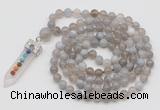 GMN1418 Hand-knotted 8mm, 10mm grey banded agate 108 beads mala necklace with pendant