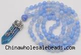 GMN1419 Hand-knotted 8mm, 10mm blue banded agate 108 beads mala necklace with pendant
