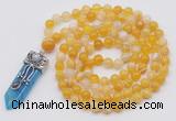 GMN1421 Hand-knotted 8mm, 10mm yellow banded agate 108 beads mala necklace with pendant