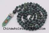 GMN1424 Hand-knotted 8mm, 10mm moss agate 108 beads mala necklace with pendant