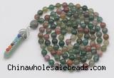 GMN1425 Hand-knotted 8mm, 10mm Indian agate 108 beads mala necklace with pendant