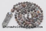 GMN1427 Hand-knotted 8mm, 10mm Botswana agate 108 beads mala necklace with pendant