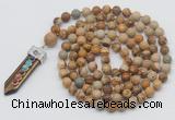 GMN1443 Hand-knotted 8mm, 10mm picture jasper 108 beads mala necklace with pendant