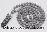 GMN1444 Hand-knotted 8mm, 10mm grey picture jasper 108 beads mala necklace with pendant