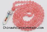 GMN1458 Hand-knotted 8mm, 10mm cherry quartz 108 beads mala necklace with pendant