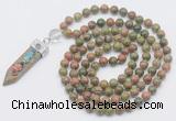 GMN1471 Hand-knotted 8mm, 10mm unakite 108 beads mala necklace with pendant