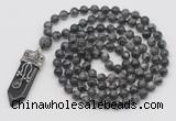 GMN1477 Hand-knotted 8mm, 10mm black labradorite 108 beads mala necklace with pendant