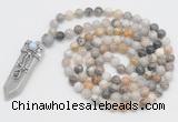 GMN1522 Hand-knotted 8mm, 10mm bamboo leaf agate 108 beads mala necklace with pendant
