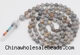 GMN1523 Hand-knotted 8mm, 10mm silver needle agate 108 beads mala necklace with pendant