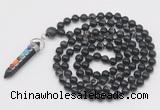 GMN1529 Hand-knotted 8mm, 10mm black banded agate 108 beads mala necklace with pendant