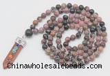 GMN1540 Hand-knotted 8mm, 10mm rhodonite 108 beads mala necklace with pendant