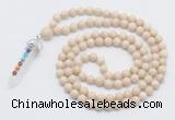 GMN1554 Knotted 8mm, 10mm white fossil jasper 108 beads mala necklace with pendant