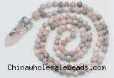 GMN1555 Knotted 8mm, 10mm pink zebra jasper 108 beads mala necklace with pendant