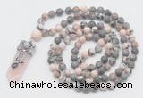 GMN1556 Knotted 8mm, 10mm pink zebra jasper 108 beads mala necklace with pendant