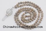 GMN1557 Knotted 8mm, 10mm feldspar 108 beads mala necklace with pendant