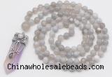 GMN1558 Knotted 8mm, 10mm grey banded agate 108 beads mala necklace with pendant