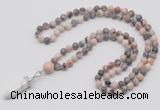 GMN1609 Hand-knotted 6mm pink zebra jasper 108 beads mala necklace with pendant