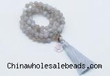 GMN1752 Knotted 8mm, 10mm grey banded agate 108 beads mala necklace with tassel & charm