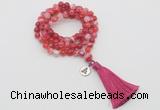 GMN1756 Knotted 8mm, 10mm red banded agate 108 beads mala necklace with tassel & charm