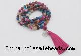 GMN1759 Knotted 8mm, 10mm colorfull banded agate 108 beads mala necklace with tassel & charm