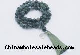 GMN1761 Knotted 8mm, 10mm moss agate 108 beads mala necklace with tassel & charm