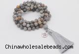 GMN1764 Knotted 8mm, 10mm silver needle agate 108 beads mala necklace with tassel & charm