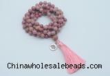 GMN1768 Knotted 8mm, 10mm pink fossil jasper 108 beads mala necklace with tassel & charm