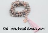 GMN1770 Knotted 8mm, 10mm pink zebra jasper 108 beads mala necklace with tassel & charm
