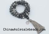 GMN1773 Knotted 8mm, 10mm black water jasper 108 beads mala necklace with tassel & charm