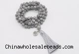 GMN1774 Knotted 8mm, 10mm grey picture jasper 108 beads mala necklace with tassel & charm