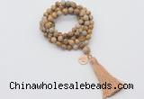 GMN1775 Knotted 8mm, 10mm picture jasper 108 beads mala necklace with tassel & charm