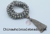 GMN1777 Knotted 8mm, 10mm dalmatian jasper 108 beads mala necklace with tassel & charm