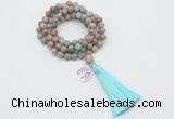 GMN1781 Knotted 8mm, 10mm serpentine jasper 108 beads mala necklace with tassel & charm