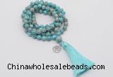 GMN1782 Knotted 8mm, 10mm sea sediment jasper 108 beads mala necklace with tassel & charm