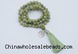 GMN1787 Knotted 8mm, 10mm China jade 108 beads mala necklace with tassel & charm