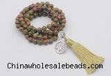 GMN1789 Knotted 8mm, 10mm unakite 108 beads mala necklace with tassel & charm