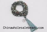 GMN1792 Knotted 8mm, 10mm African turquoise 108 beads mala necklace with tassel & charm
