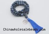 GMN1798 Knotted 8mm, 10mm dumortierite 108 beads mala necklace with tassel & charm