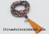 GMN1800 Knotted 8mm, 10mm rhodonite 108 beads mala necklace with tassel & charm