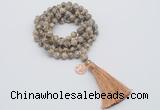 GMN1802 Knotted 8mm, 10mm feldspar 108 beads mala necklace with tassel & charm