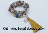 GMN1803 Knotted 8mm, 10mm colorful gemstone 108 beads mala necklace with tassel & charm