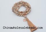 GMN1804 Knotted 8mm, 10mm sunstone 108 beads mala necklace with tassel & charm
