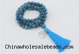 GMN1810 Knotted 8mm, 10mm apatite 108 beads mala necklace with tassel & charm