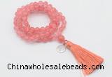 GMN1814 Knotted 8mm, 10mm cherry quartz 108 beads mala necklace with tassel & charm