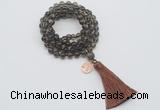 GMN1819 Knotted 8mm, 10mm smoky quartz 108 beads mala necklace with tassel & charm